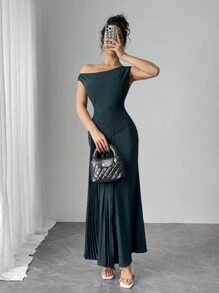 Modelyn Women's Solid Color Asymmetric Pleated Elegant Casual Dress - Green - View 6