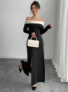 Color Block Off Shoulder High Slit Dress Fall Cloth For Women - Black - View 3