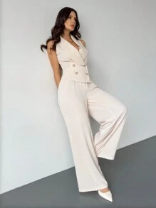 Firerie 女士春季优雅浪漫时尚办公室通勤杏色无袖上衣+宽松阔腿裤两件套，适合派对、旅行、返校、浪漫约会和婚礼生日、情人节女装 - 白色 - 查看 8