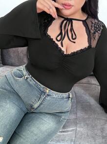 Vibekara Áo cánh tay dài ren cổ yếm màu đen thanh lịch cỡ lớn - Nhiều màu - Xem 4