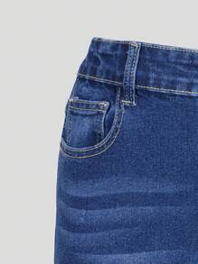 Teen Girls' Navy Blue Elastic Waist Zipper Front Classic Versatile Ripped Back Pocket Rhinestone Embellished Stretch Denim Flare Jeans - Medium Wash - View 5