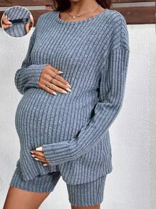 SHEIN Loose Sleeve Top Paired With Adjustable Waist Bodycon Shorts, 2 Pieces Maternity Set - Blue - View 4