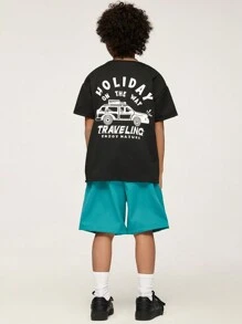 SHEIN Explorewe Tween Boy Casual Crew Neck Letter Print Short Sleeve T-Shirt And Loose Shorts Set, Suitable For Various Casual Occasions. Great For Outdoor Activities Like Park Play, Sports, Etc. - Multicolor - View 2