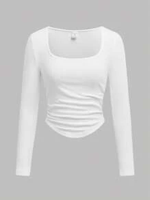 Girlism Teen Girl Plain Scoop Neck Cinched Waist Fitted T-Shirt, Casual T-Shirt, Back To School T-Shirt