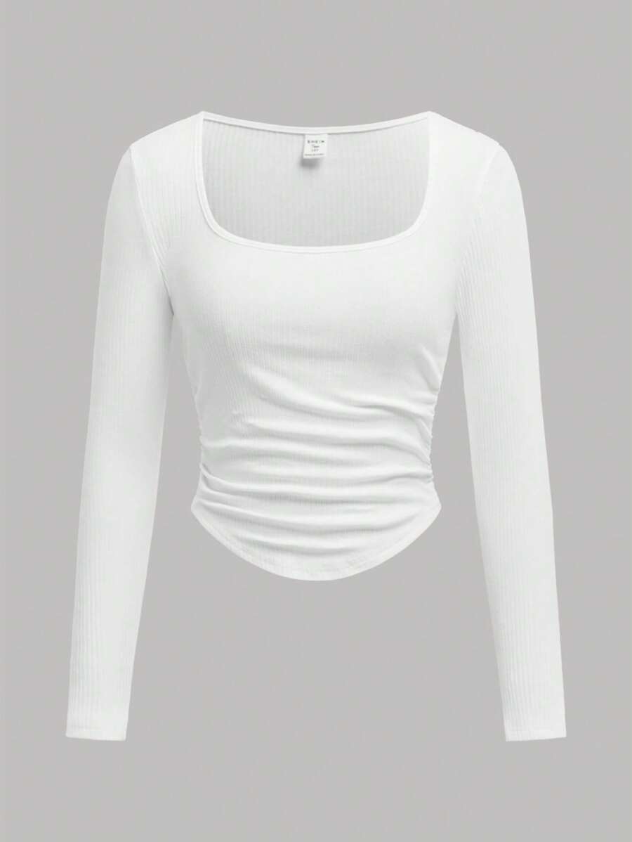 Girlism Teen Girl Plain Scoop Neck Cinched Waist Fitted T-Shirt, Casual T-Shirt, Back To School T-Shirt