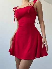Aloruh 情人节浪漫红色细肩带蝴蝶结紧身鱼尾迷你连衣裙女士派对太阳裙 - 紅色 - 查看 6