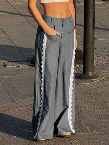 SHEIN EZwear 女士撞色蕾丝宽腿宽松休闲裤