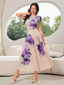 Modelyn 2pcs/Set Women Elegant Floral Print Short Sleeve Top And Pleated Skirt