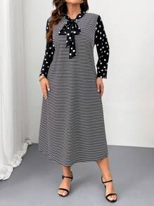 SHEIN Clasi Vestido casual suelto de mujer talla grande con estampado de lunares y cuello con lazo a rayas