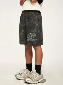 SHEIN Explorewe Short ample à effet tie-dye pour préadolescent, texture vintage mélangée à l'impression graphique moderne "DREAM MAKER" apportant une touche . Coupe décontractée avec taille élastique, ambiance rétro avec personnalisation, idéal pour l'été - Gris - Voir 5