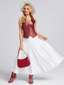 SHEIN LUNE Women's Elegant Pure Silk Satin 3D Floral Backless Vest Jacket,Burgundy Summer Dinner Date French Party Outfit,Spring Valentine's Day & New Year Red - Burgundy - View 2