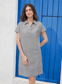 EMERY ROSE Women Striped Lapel Short Sleeve Straight Casual Dress - Multicolor - View 5
