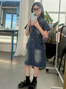 DAZY Tween Girl Denim Collared Short Sleeve Dress - Blue - View 2