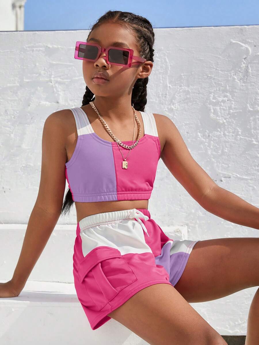 Tween Girl Patchwork Contrast Color Tank Top And Shorts 2 Pieces Set - Multicolor - View 1