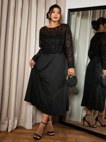 SHEIN Frenchy Plus Size Elegant Solid Color Lace Top With Camisole Two-Piece Dress Set,Valentine's Day ,Love/Lover ,Spring