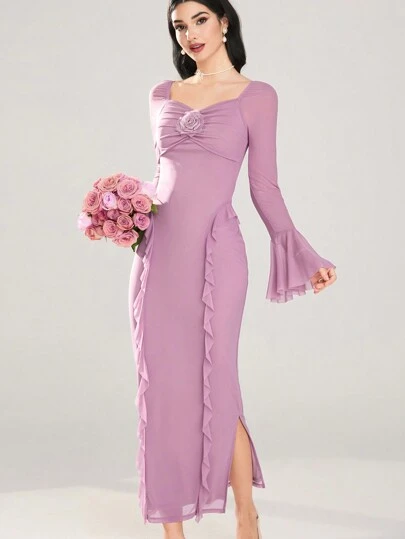 Modelyn Women Sweetheart Collar 3D Floral Decor Long Sleeve Casual Dress  Long Evening Dresses