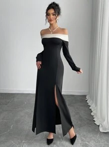 Color Block Off Shoulder High Slit Dress Fall Cloth For Women - Black - View 6