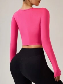 SHEIN Sports 女士纯色穿孔长袖短款修身运动 T 恤