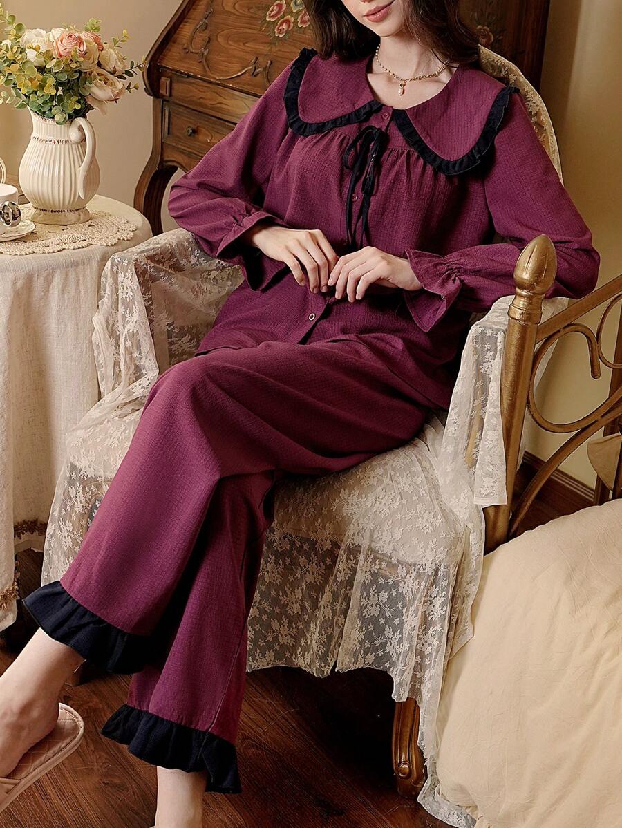 Côtesoire 泡泡纹理撞色上衣和裤子两件套家居服，女士假日季、秋冬季服装 - 紫色 - 查看 1