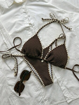 Swim Mod Damen einfarbiger Jacquard Stoff Volant Träger Schleife Bikini Set Zweiteiliger Badeanzug, Sommer