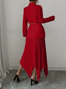 Elenzga 2 件套女士优雅西装外套风格领口收腰纽扣褶皱拼接 - 紅色 - 查看 2