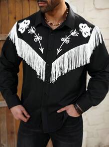 Manfinity Homme Plus Size Men's Floral Print Patchwork Fringe Long Sleeve Shirt - White - View 4