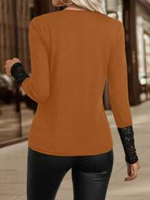 EMERY ROSE Women Lace Patchwork Round Neck Long Sleeve Casual T-Shirts, Autumn