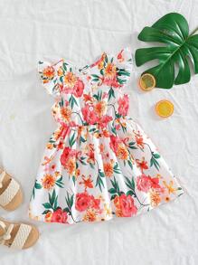 Vestido infantil y de niña pequeña con estampado floral blanco, hecho de tela ligera para un uso fresco y cómodo en la temporada cálida. Delicados patrones florales como recogidos directamente del jardín, llenos de vitalidad y frescura. Diseño lindo con estilo pastoril. - Blanco - Ver 2