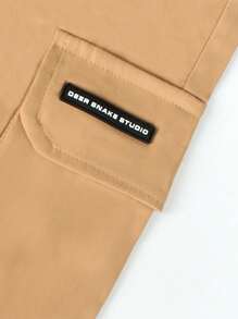 Manfinity Homme Men's Letter Print Drawstring Waist Pocket Casual Pants, Streetwear, Fall - Khaki - View 5