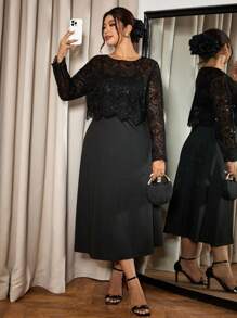 SHEIN Frenchy Plus Size Elegant Solid Color Lace Top With Camisole Two-Piece Dress Set,Valentine's Day ,Love/Lover ,Spring