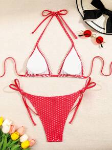 Swim Mod Damen gestreifter Bikini mit Neckholder, süßer, lässiger, eleganter Badeanzug, Sommer Strandoutfit - Rot - Übersicht 5
