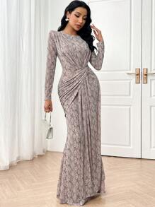 Modelyn Women's Snake Print Round Neck Long Sleeve Arabic Style Dress With Waist Ruching And Fish Tail Hem Long Evening Dresses - Apricot - View 4