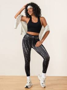 SHEIN Sports Women High Waist Denim Effect Leggings - Black - View 3