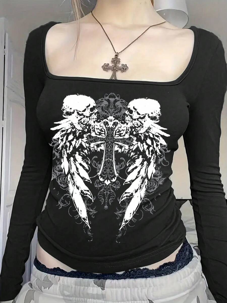 INAWLY Kaos Lengan Panjang Gaya Gotik Leher Persegi, Kaos Grafis Wanita, Atasan untuk Musim Semi dan Gugur, Pakaian untuk Wanita - Hitam - View 1