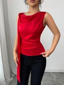 Elenzga 缎面面料不对称荷叶边优雅女士衬衫，情人节 - 紅色 - 查看 6