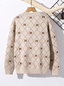 Tween Boys Casual Loose Letter Allover Jacquard Pattern Crew Neck Sweater, Suitable For Commuting, School, Daily Casual Wear, Sports, Spring Summer Autumn Winter