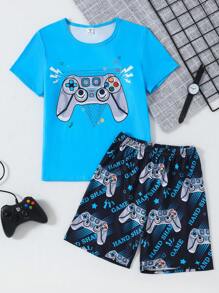 Conjunto de pijama de pantalón corto y top de gráfico de juego de video azul para niños, hecho de material de seda de leche cómodo y resistente a las llamas - Multicolor - Ver 5
