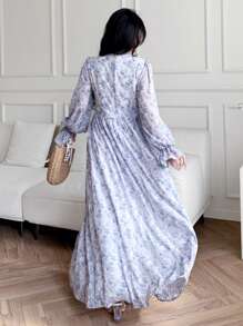 Modelyn Damen V-Ausschnitt Langarm Ganzdruckkleid im Lässig Stil - Blau - Übersicht 3