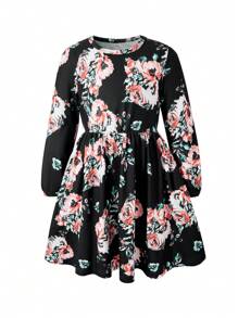 Young Girls Fashion Long Sleeve Floral Print Waist-Cinched Maxi Dress, Beach Dress - Multicolor - View 3