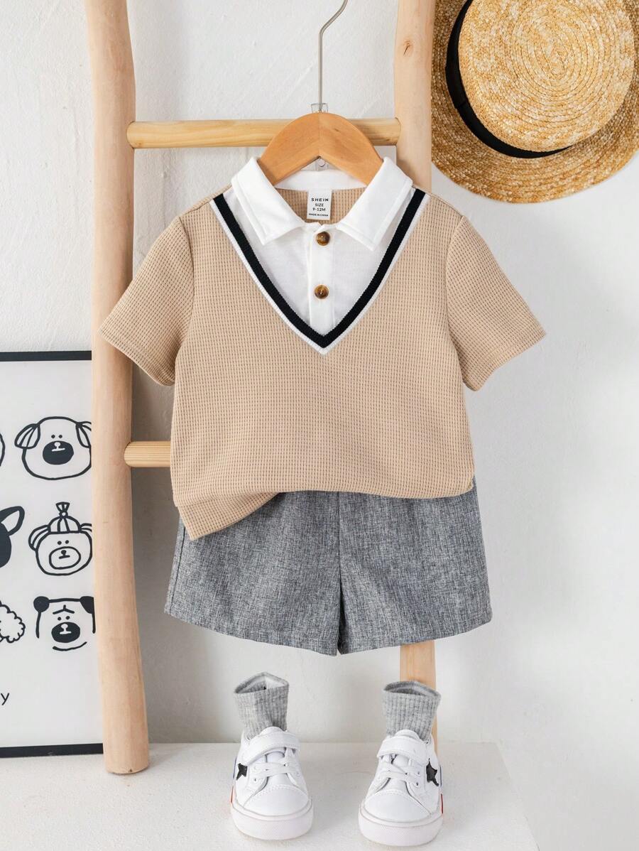 SHEIN 2pcs Baby Boy Casual School Style Short Sleeve Top And Shorts Set, Suitable For Summer, Suitable For Birthday Party, Evening Party, Performance, Wedding, Baby Shower, 1 Year Old Celebration