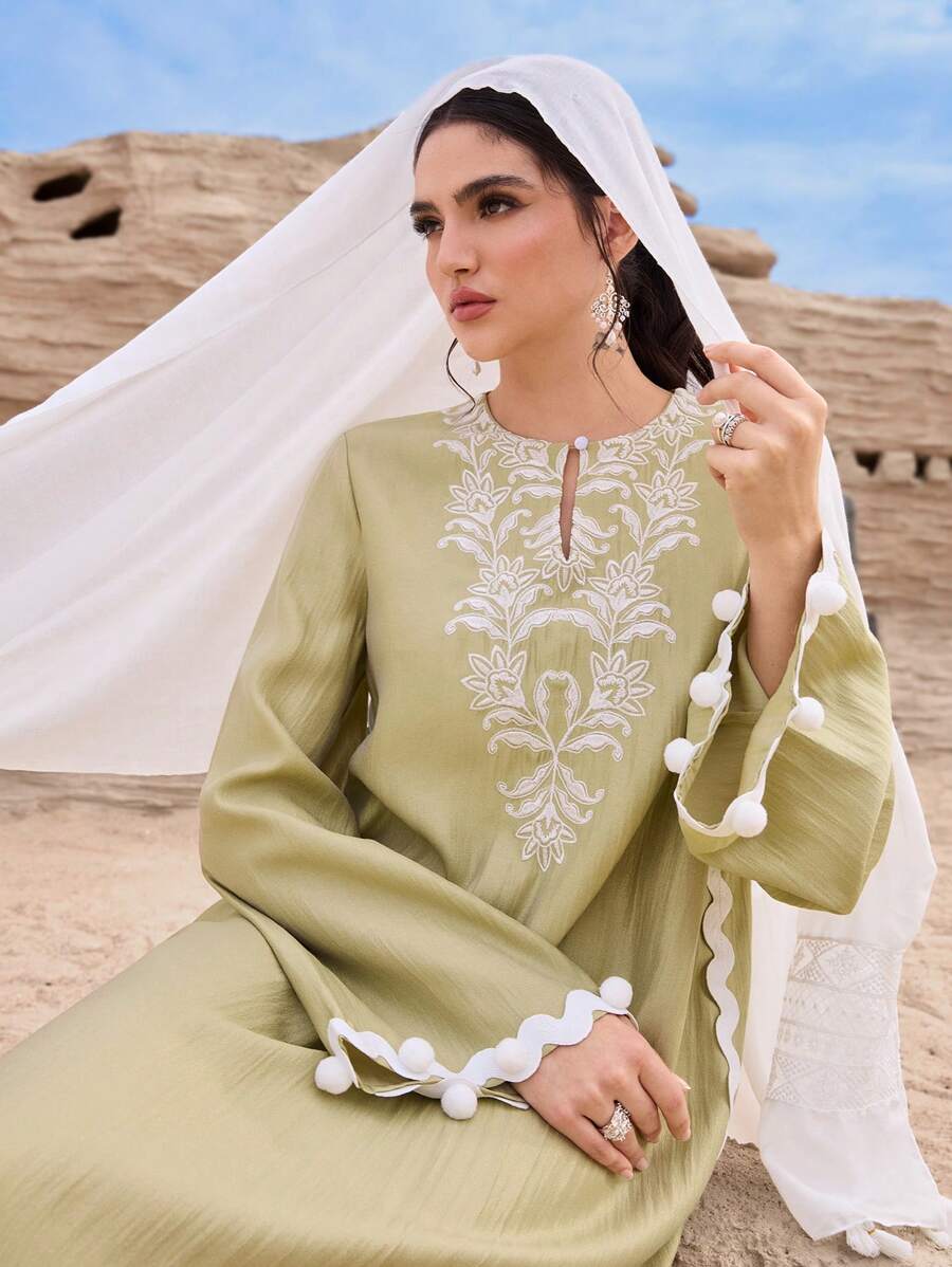 Al Najma Women's Floral Print Long Sleeve Arabian Dress, Kaftan & Jalabiya,Modest - Yellow - View 1