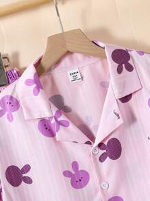 2pcs/Set Tween Girl Pink Rabbit Print Long Pants With Short Sleeve Shirt Casual Homewear Set - Purple - View 3