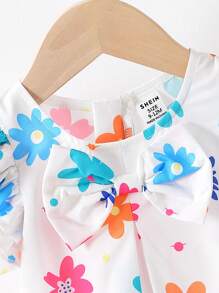SHEIN Baby Girl Floral Print Bowknot Decor Cap Sleeve Cute Dress - Multicolor - View 5