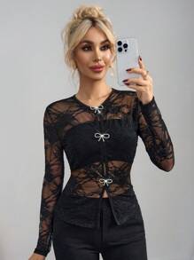 Ellevyn Blusa negra de manga larga con lazo y decoración de diamantes, elegante para uso diario y citas