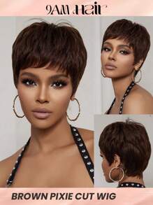 Short Straight Pixie Cut Wig With Bangs Brown Color Daily Use Wig For Women Beginner Friendly Wear&Go Glueless Wig