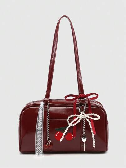 Kawaii Borsa vintage da donna con stampa leopardata carina, decorazioni a cuore con ricamo di ciliegie e fiocco, borsa a tracolla e a spalla con tasche multiple, borsa a bustina con frontale in pizzo