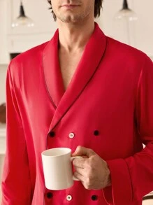 男士披肩领长袖家居服红色睡衣套装 - 酒紅色 - 查看 7