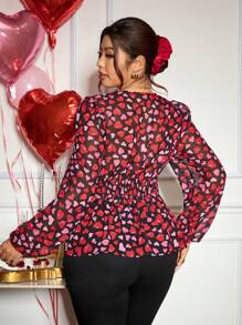 SHEIN Frenchy Plus Size V-Neck Long Sleeve Heart Print Simple Casual Shirt For Valentine's Day,Love/Lover,Xoxo/Kisses,Spring - Multicolor - View 6