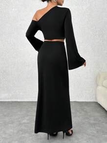 EURMUSE Women's Solid Gold Floral Detailed Two Piece Set - Black - View 2