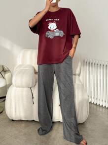 DAZY Cartoon Print Loose Women Pajamas Set - Burgundy - View 3
